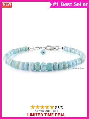 Larimar Gemstone Beaded Bracelet 925 Sterling Silver 8 inch Chakra Jewelry